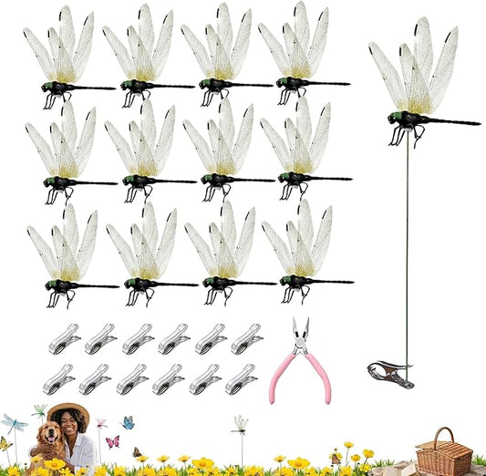 Jongdari 12pcs Black Dragonfly Clip, DIY Realistic Fake Dragonflies Clip-On Garden Outdoor Decor Stakes Plastic Dragon Fly Clips Plant Decorations for Pots, Includes Pliers & Clips