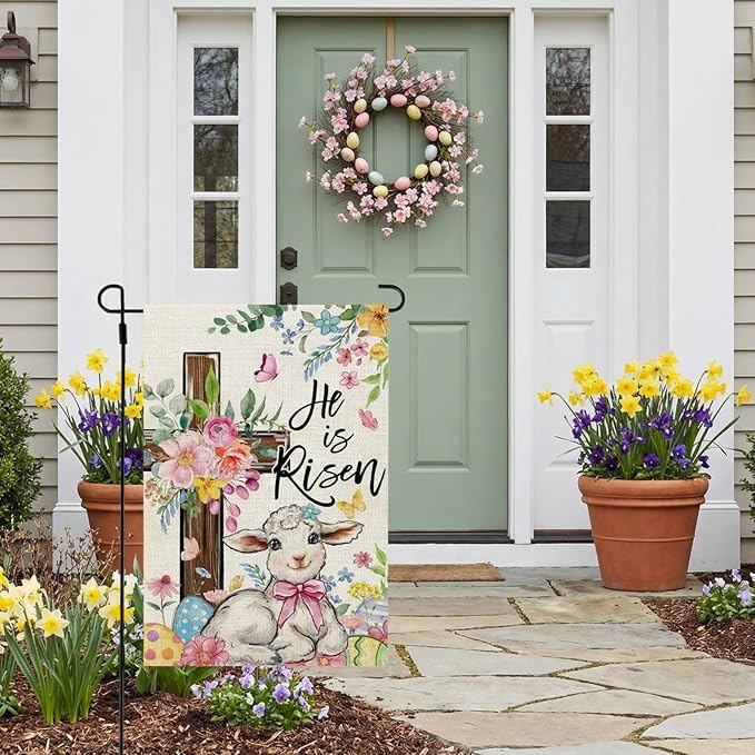 CROWNED BEAUTY Easter Garden Flag He is Risen Cross 12x18 Inch Double Sided Floral Holiday Decoration for Outdoor Lawn Yard