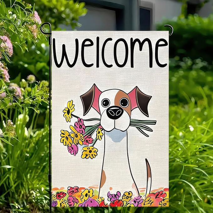 BlissYard Welcome Spring Garden Flag 12x18 Inch Double Sided Cartoon Dog Seasonal Small Flags For Outside Outdoor Decor Yard Farmhouse Holiday Spring Summer Decorations Yard Flags