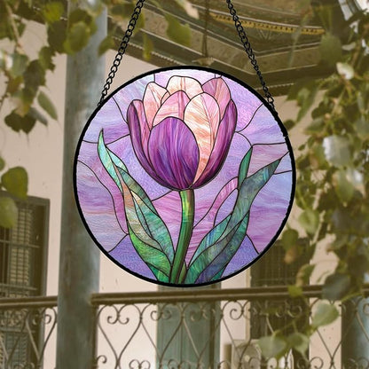 DASTOLL Stained Glass Window Hanging 4 Pcs Set Purple Flower Theme 7.8" - Tulip Suncatcher Door Garden Sun Catcher Decor Birthday Christmas for Plant Lovers Woman Nana Men