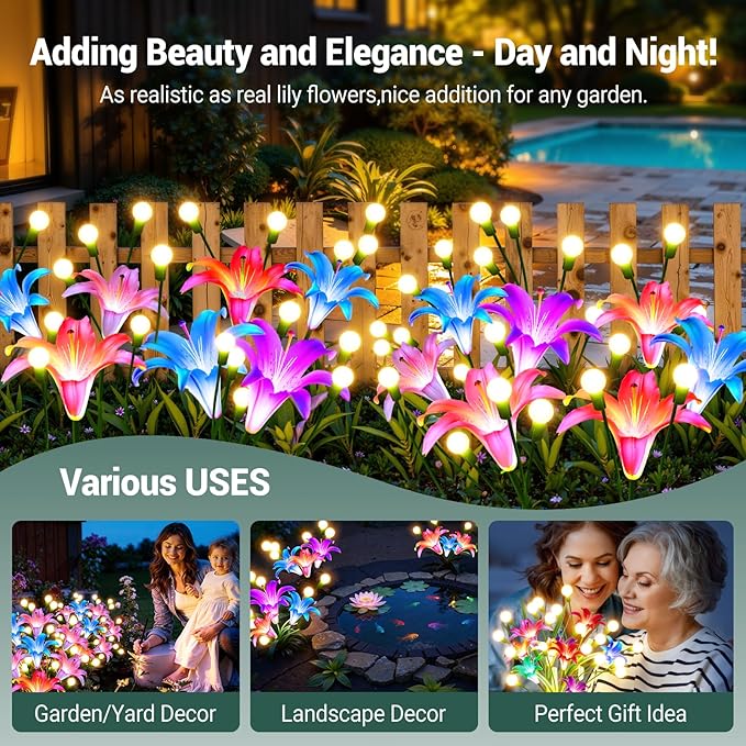 WdtPro Upgraded Solar Garden Lights Outdoor: 4 Pack Solar Firefly Swaying Light with Colorful LED Lily Flower, Waterproof Garden Decor for Yard Patio Pathway Lawn, Gifts for Women (2 Rosy+2 Pink)
