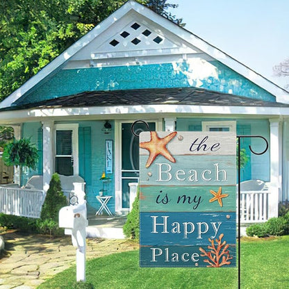 Dyrenson Summer The Beach is My Happy Place Decorative Garden Flag, Blue Coastal Starfish Farmhouse Yard Outside Home Decoration, Coral Pearl Nautical Rustic Outdoor Small Decor Double Sided 12 x 18