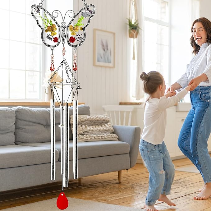 Mom Butterfly Wind Chime with Pressed Flowers - Floral Hanging Wind Chimes for Mom - Mother's Day, Birthday for Mother - Decorative Garden or Window Gift - 20 Inch Long
