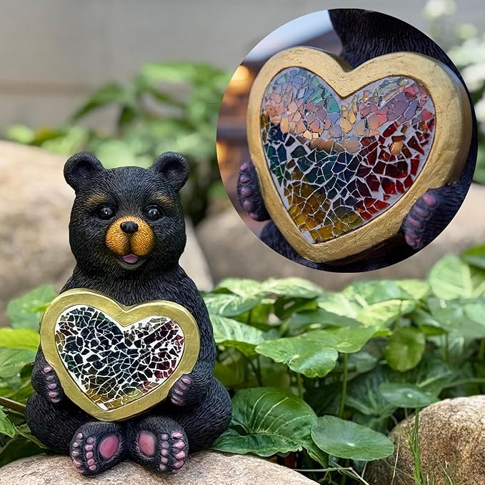 Solar Garden Sculpture: Unique Resin Black Bear Holding a Heart Outdoor Mosaic Solar Light Ideal for Gardens, patios, and courtyards Gift or Decorative piece-Black