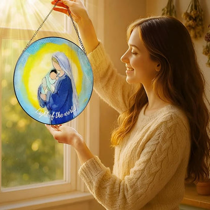 8'' Virgin Mary and Jesus Religious Ornament, Stained Glass Window Hanging, Sun Catcher Window Decor, Christian Holiday Decor, Gifts for Christmas, Christian Gift, Religious Gift