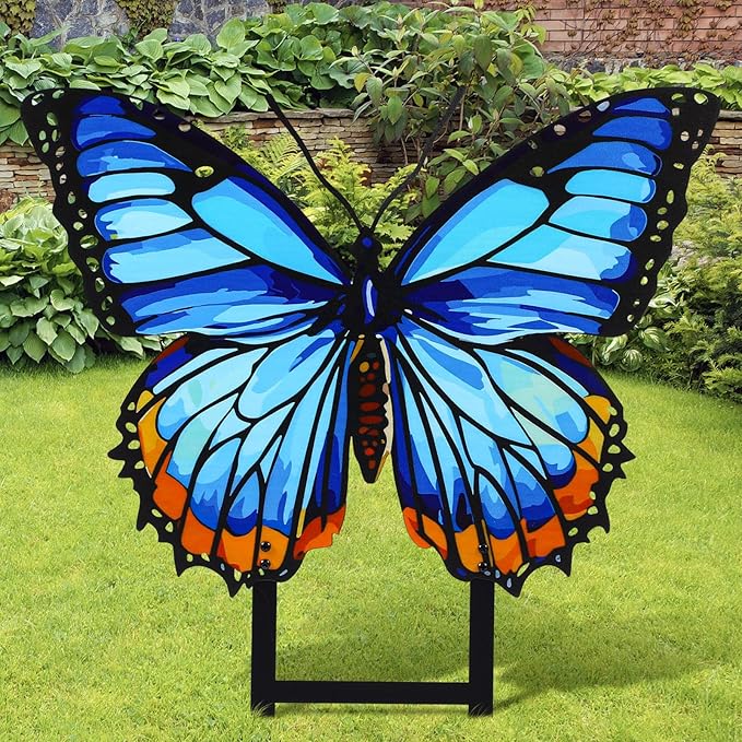 1 Pcs Spring Metal Butterfly Garden Stakes Decor 16.5 Inch Decorative Blue Butterfly Yard Stake Outdoor Insect Decor Metal Garden Art Ornaments for Patio Porch Lawn Backyard