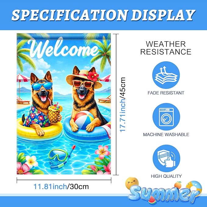 BlissYard Welcome Summer German Shepherd Garden Flag 12x18 Double Sided Vertical Outdoor Pool Dog Decor Tropical Beach Yard Lawn Patio Poolside Banner
