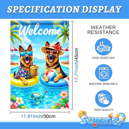 BlissYard Welcome Summer German Shepherd Garden Flag 12x18 Double Sided Vertical Outdoor Pool Dog Decor Tropical Beach Yard Lawn Patio Poolside Banner