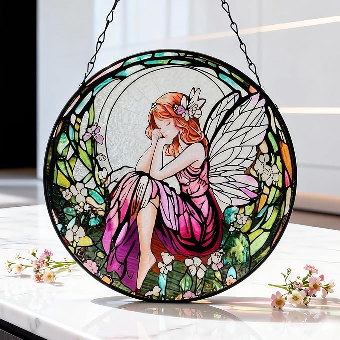 Flower Fairies Stained Glass Window Hanging,Suncatcher Hanging Decor for Indoor Outdoor Windows Yard Garden Decor Home Decorations Wall Art, Gift for Girls Mom Grandma Teacher