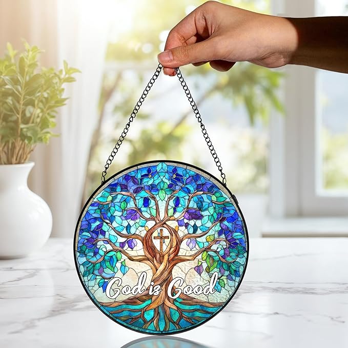 Christian Blue Tree of Life Stained Glass Window Hanging, Tree of Life Stained Glass, God is Good Sun Catchers Indoor Window Decor Birthday for Home Windows Garden Church, 7.9x7.9inch