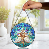 Christian Blue Tree of Life Stained Glass Window Hanging, Tree of Life Stained Glass, God is Good Sun Catchers Indoor Window Decor Birthday for Home Windows Garden Church, 7.9x7.9inch