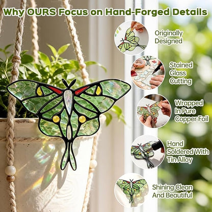 Luna Moth Sun Catcher Stained Glass - IDEA SHOW Handmade Real Glass Suncatcher Ornaments, Elegant Green Butterfly Memorial Gifts Design for Indoor and Outdoor Plant Decoration, Plant Lovers Gifts