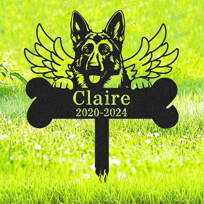 Custom German Shepherd Dog Memorial Sign Lawn Yard Garden Stake, Personalized Metal Pet Loss Dog Grave Marker with Wings, Customized Dogs Memorial Plaque Graves Cemetery Decorations