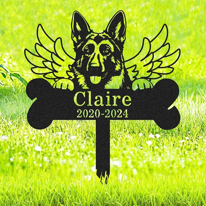 Custom German Shepherd Dog Memorial Sign Lawn Yard Garden Stake, Personalized Metal Pet Loss Dog Grave Marker with Wings, Customized Dogs Memorial Plaque Graves Cemetery Decorations