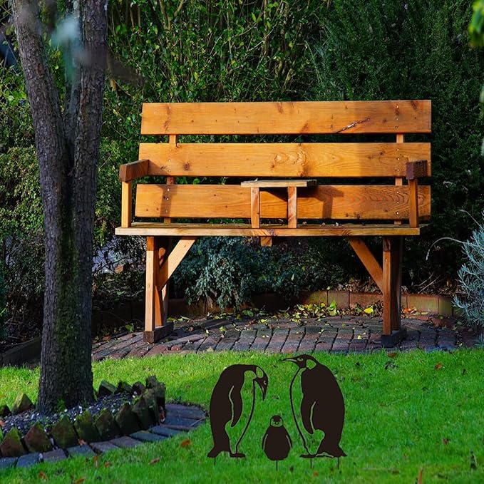 Iron Cast Animal Stake Statue,Outdoor Penguin Family Yard Decor,Black Metal Penguin Art Garden,Rustic Penguin Silhouette Decor for Yard Garden,Birds Silhouette Statue Lawn Backyard Outdoor Decoration