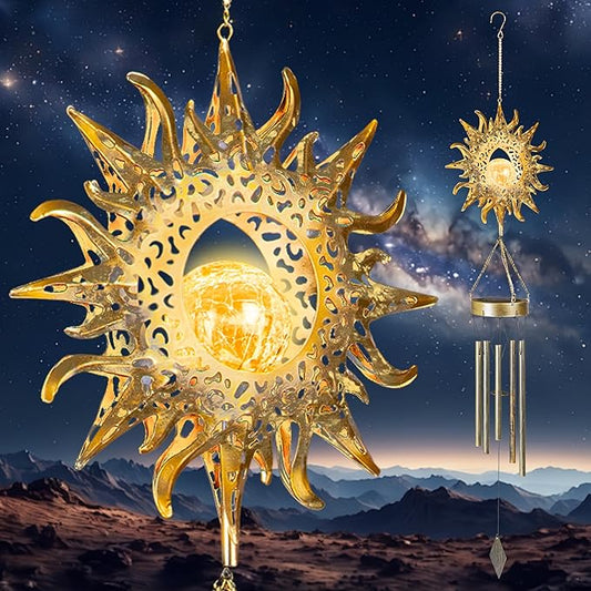 Sun Solar Wind Chimes for Outside Lights Prefert Gifts for Mom Wife Unique Crackle Glass LED Warm Light Outdoor Hanging Decor Windchimes for Garden Yard Patio Christmas Birthday Mothers Day