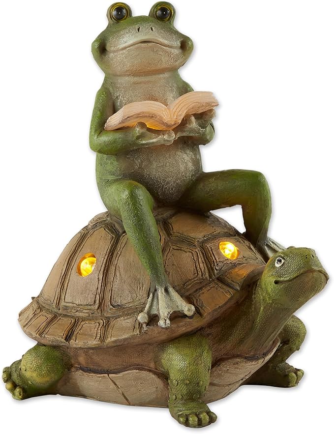 Zingz & Thingz Day & Night Garden Décor Solar Statue Figurine, 10.5x7x11, Frog and Turtle