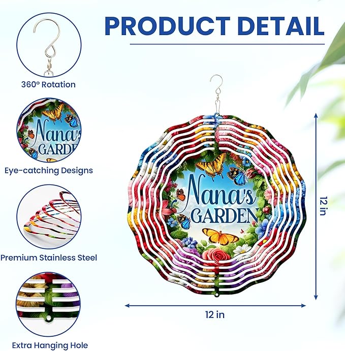 FLAGWIX Garden Gifts for Grandma - Nana's Garden 3D Stainless Steel Metal Wind Spinners 12 in - Gardening Grandmother Birthday Gifts for Women Nana Gigi, Nana Gift Ideas