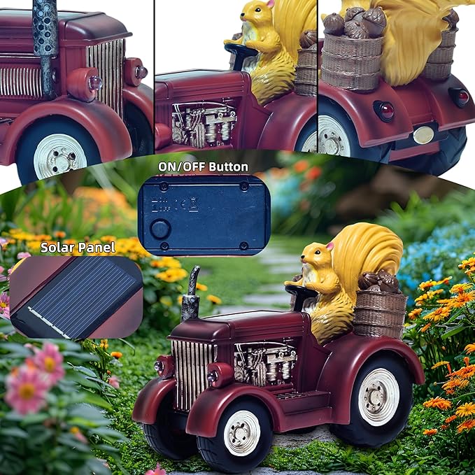 YUETJIN Solar Lighted Squirrel's Farm Tractor Statue, Outdoor Décor for Lawn Garden, Yard, Flower-Pool, Harvest Decoration, Gfit for Father