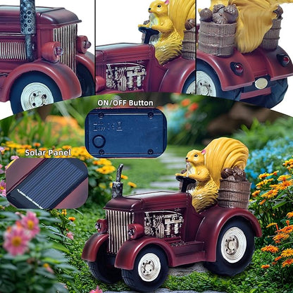 YUETJIN Solar Lighted Squirrel's Farm Tractor Statue, Outdoor Décor for Lawn Garden, Yard, Flower-Pool, Harvest Decoration, Gfit for Father