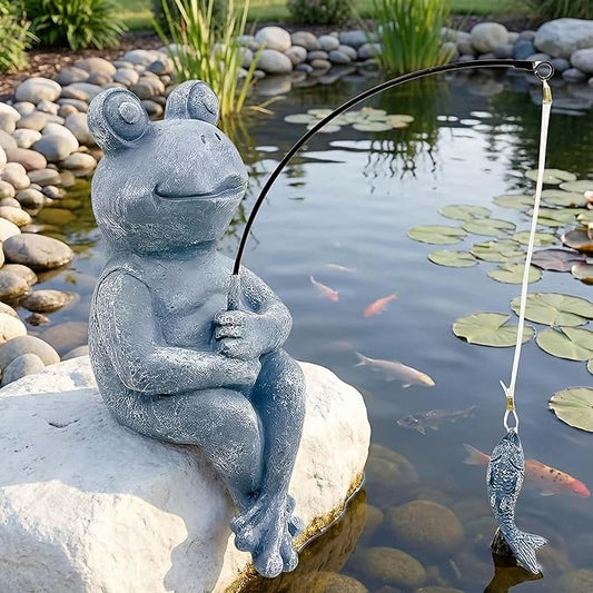 9.5" Frog Fishing Garden Sculptures & Statues, Stone Look Sculpture, Whimsical Lawn Yard Art, Funny Pond Fisherman Statue, Resin Animal Decorative Figurine, for Frog Fishing Lovers