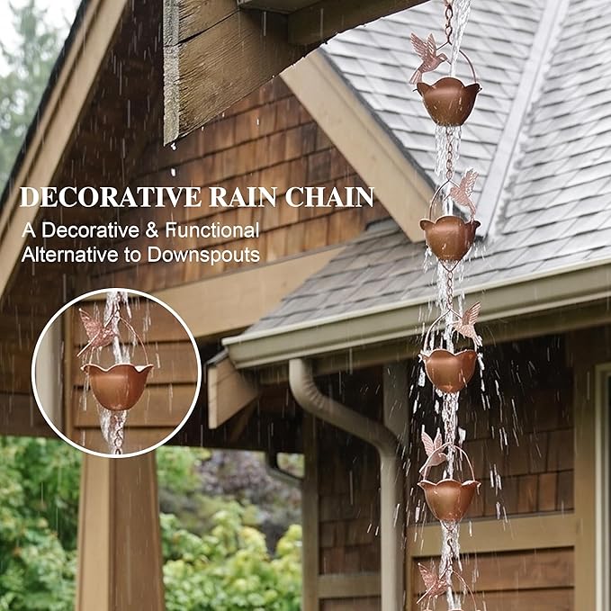 Topadorn Metal Rain Chain Decoration 7.85FT., Rain Catcher Metal Chain Gutter Downspout 94'' for House Eaves, Garden & Home, Flying Bird and Flower Shape Rain Chains