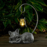 WSgift Outdoor Cat Figurine Garden Statue with Solar-Powered LED Light 13.77 Inches Tall Gift Garden Statue Decor for Cat Lovers Marbled