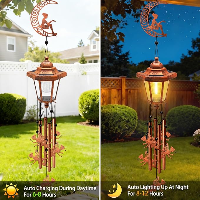 Large Solar Moon Fairy Wind Chimes with Wind Catcher/Solar Decor Light to Create a Zen Atmosphere Decor for Outdoor Garden Balcony, Classic Bronze Wind Chimes Gifts for Mom Grandma Women Wife Daughter