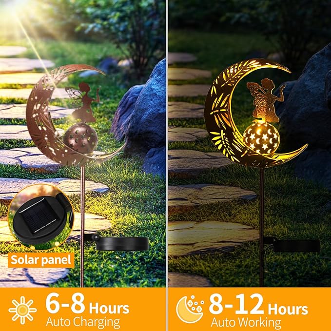 ZKLiLi Garden Solar Lights Pathway Stake Lights Moon Fairy with Angel Decor, Gardening Birthday Gift for Mom Grandma Friends, Outdoor Decor Light Waterproof for Walkway, Yard, Patio