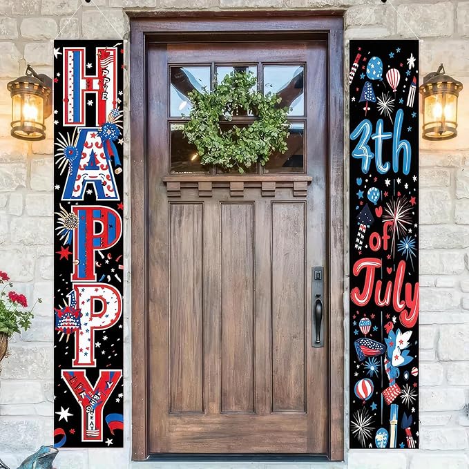 BlissYard 4th of July Decorations 2Pcs Patriotic Decor Door Banner American Flag USA Banners Hanging Porch Signs for Memorial Veterans Labor Independence Day for Front Decor Yard Indoor Outdoor Supplies