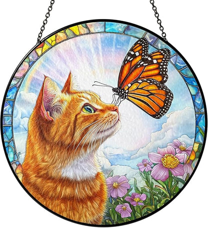 Orange Cat Gifts, Cat Memorial Suncatcher Gift for Loss of Cats, Butterfly Stained Glass Suncatcher Window Hanging Decor for Garden Pet Loss Gift Christmas Birthday Sympathy Gifts for Women Pet Lovers