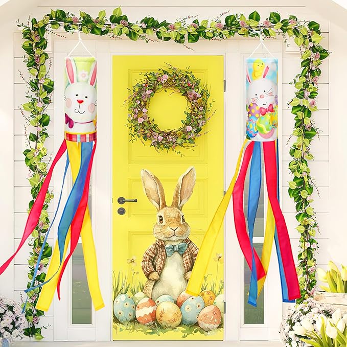 NOVWANG 40 Inch Bunny Easter Windsock - 2 Pcs Spring Windsocks for Yard, Garden, Patio, Balcony - Outdoor Hanging Decorations