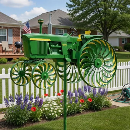 Garden Wind Spinner, Green Tractor Windmill Stake with Rotating Wheels for Patio Yard Garden, Unique Outdoor Sculptures Ornament Gift for Friends Family
