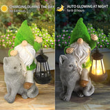 Garden Cat Gnome Decorations for Yard with Solar Lights,Resin Flocked Gnome Figurine Holding Latern,Outdoor Gnomes Decorations for Yard Patio Lawn Porch, Garden Gifts for Mom