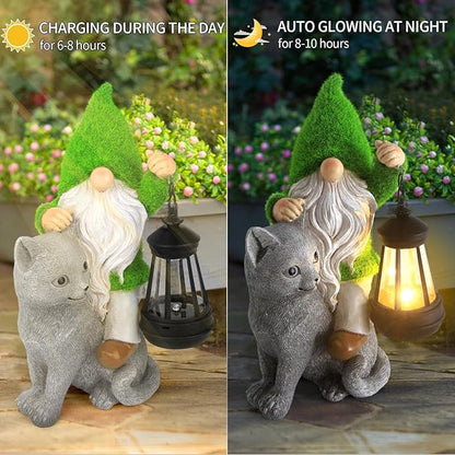 Garden Cat Gnome Decorations for Yard with Solar Lights,Resin Flocked Gnome Figurine Holding Latern,Outdoor Gnomes Decorations for Yard Patio Lawn Porch, Garden Gifts for Mom