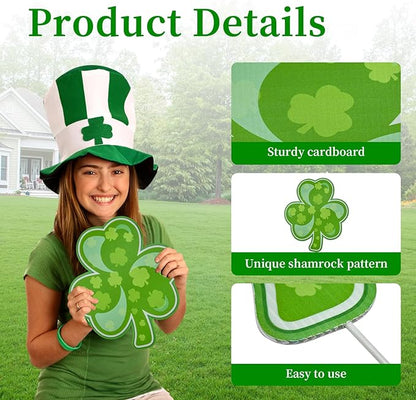 10 Pieces St. Patrick's Day Decorations Outdoor Yard Garden Porch Lawn Sign - 5 Assorted Shamrock Design 12.6 x 11 Inches Large Green Clover Signs with Stakes for Saint Patrick Irish Theme Party Favor