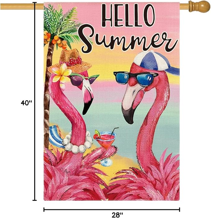 AVOIN colorlife Flamingo Hello Summer House Flag 28x40 Inch Double Sided, Welcome Seasonal Holiday Burlap Yard Outdoor Decoration