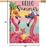 AVOIN colorlife Flamingo Hello Summer House Flag 28x40 Inch Double Sided, Welcome Seasonal Holiday Burlap Yard Outdoor Decoration