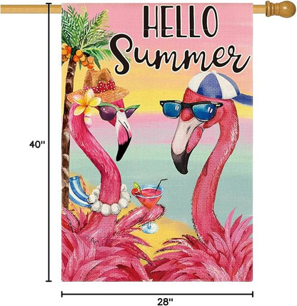 AVOIN colorlife Flamingo Hello Summer House Flag 28x40 Inch Double Sided, Welcome Seasonal Holiday Burlap Yard Outdoor Decoration