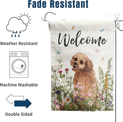 Spring Summer Garden Flag Floral Golden Doodle Puppy Yard Flag Flower Dog Garden Flags for Outside Small Outdoor Welcome Flags 12x18 Double Sided