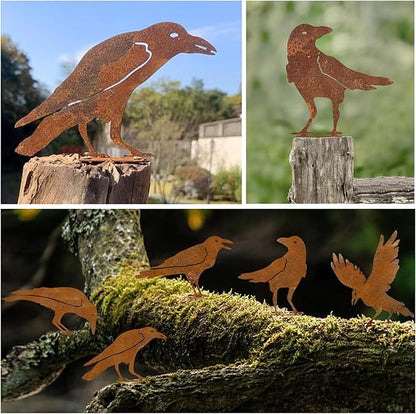 5PCS Rusty Metal Birds Decoration, Outdoor Fence Yard Decor, Metal Bird Art, Fence Decorations Outdoor, Rustic Garden Decor, Garden Sculptures Statues, Lawn Ornaments (Raven)
