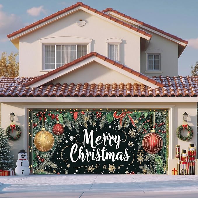 IVN Merry Christmas Happy New Year Garage Door Banner 13x6 ft Christmas Garage Door Cover Wnter Scene Background Indoor Outdoor Black Snowflake Tree Holly Ornaments Holiday Decorations for Home and Events Wall Backdrop Decor