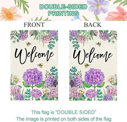 Baccessor Spring Hydrangea House Flag Double Sided 28x40 Inch, Purple Flower Floral Welcome House Flag Burlap Seasonal Farmhouse Yard Outdoor Decoration (Large)