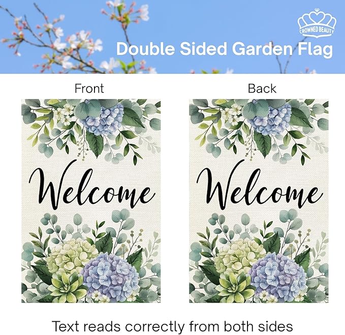 CROWNED BEAUTY Spring Garden Flag Hydrangea Eucalyptus 12x18 Inch Double Sided Small Seasonal Holiday Floral Decoration for Outdoor Lawn Yard