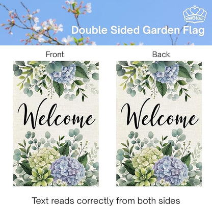 CROWNED BEAUTY Spring House Flag Hydrangea Eucalyptus Double Sided 28x40 Inches Large Burlap Welcome Holiday Seasonal Yard Decoration for Outside Porch