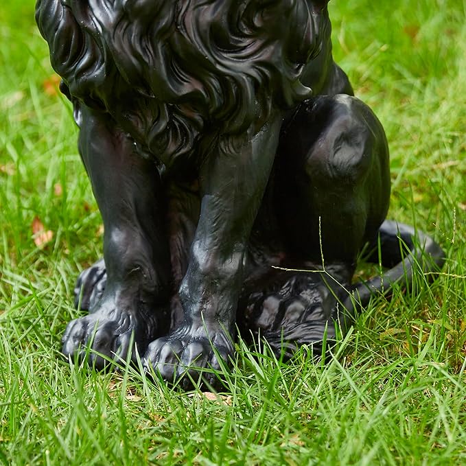 Glitzhome Guardian Sitting Lion Statue Regal Indoor and Outdoor Garden Sculpture for Home Entrance Porch and Yard, 20.75in Tall, Black