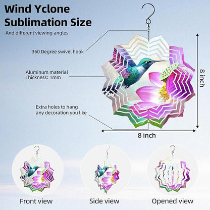 8 Inch Sublimation Wind Spinner, 3D Aluminum Metal Wind Spinner with Hook, Indoor Yard Garden Hanging Decoration, Weather Resistant Rotating Spiral Ornament, Hummingbird and Lotus