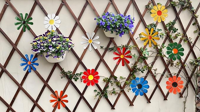 Metal Flowers Garden Decorations Set,12 Pcs Metal Flowers Statues Wall Art Decor,Metal Sunflower Daisy Hanging Ornament For Indoor Living Room Bedroom Outdoor Backyard Porch Patio Fence Decoration
