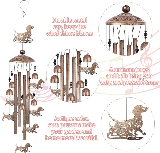 Dachshund Wind Chime for Outside, Dachshund Gifts for Women Men, Metal Dog Wind Chime Yard Art, Birthday Gift, Soothing Home Garden Patio Outdoor Indoor Decor for Dog Lover