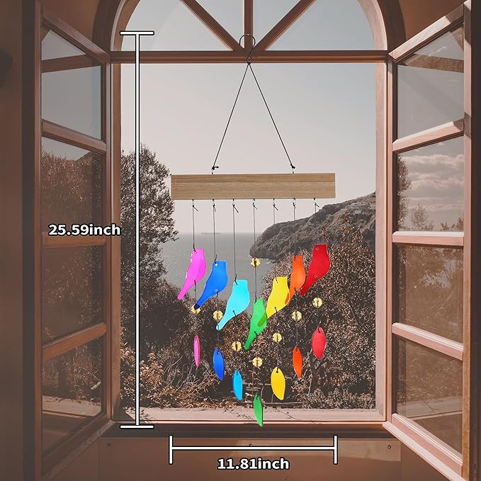 Colorful Glass Wind Chimes for Outdoor Garden & Patio - Handcrafted Bird Design Windchime, Perfect Housewarming Gift for New Home